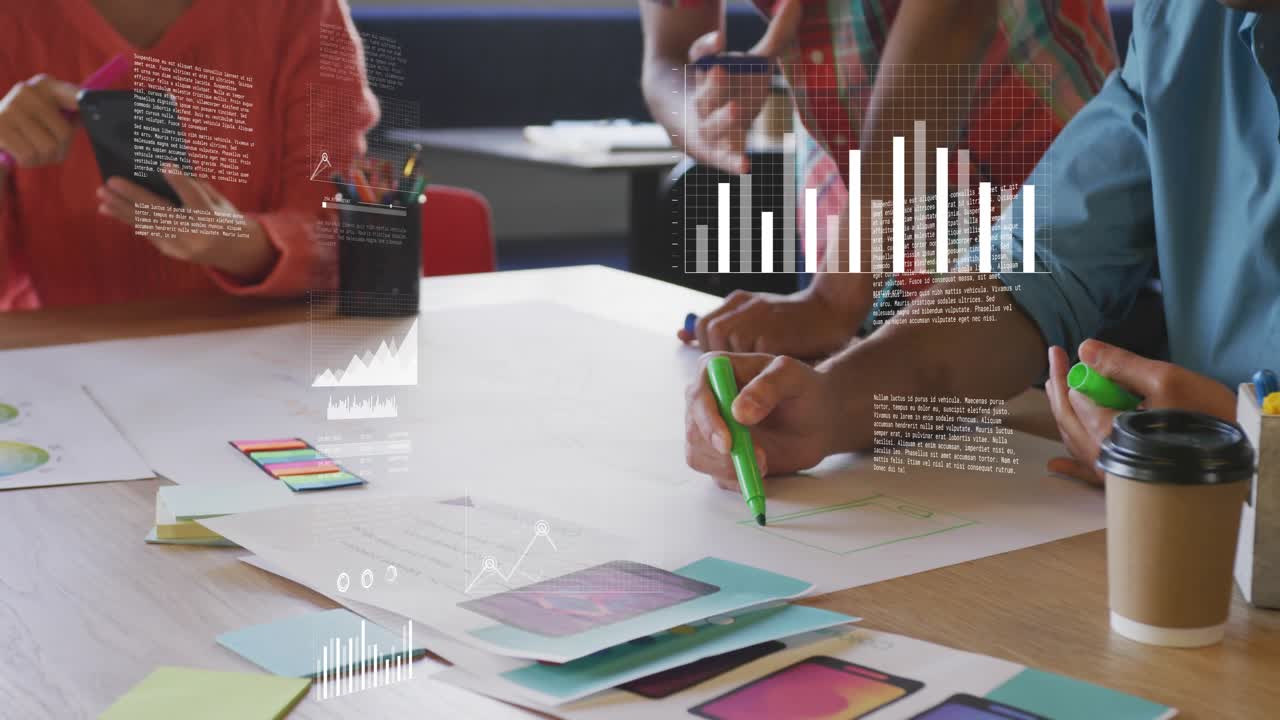 Center person pointing, designers sketching mockups with markers, animated charts guiding decisions