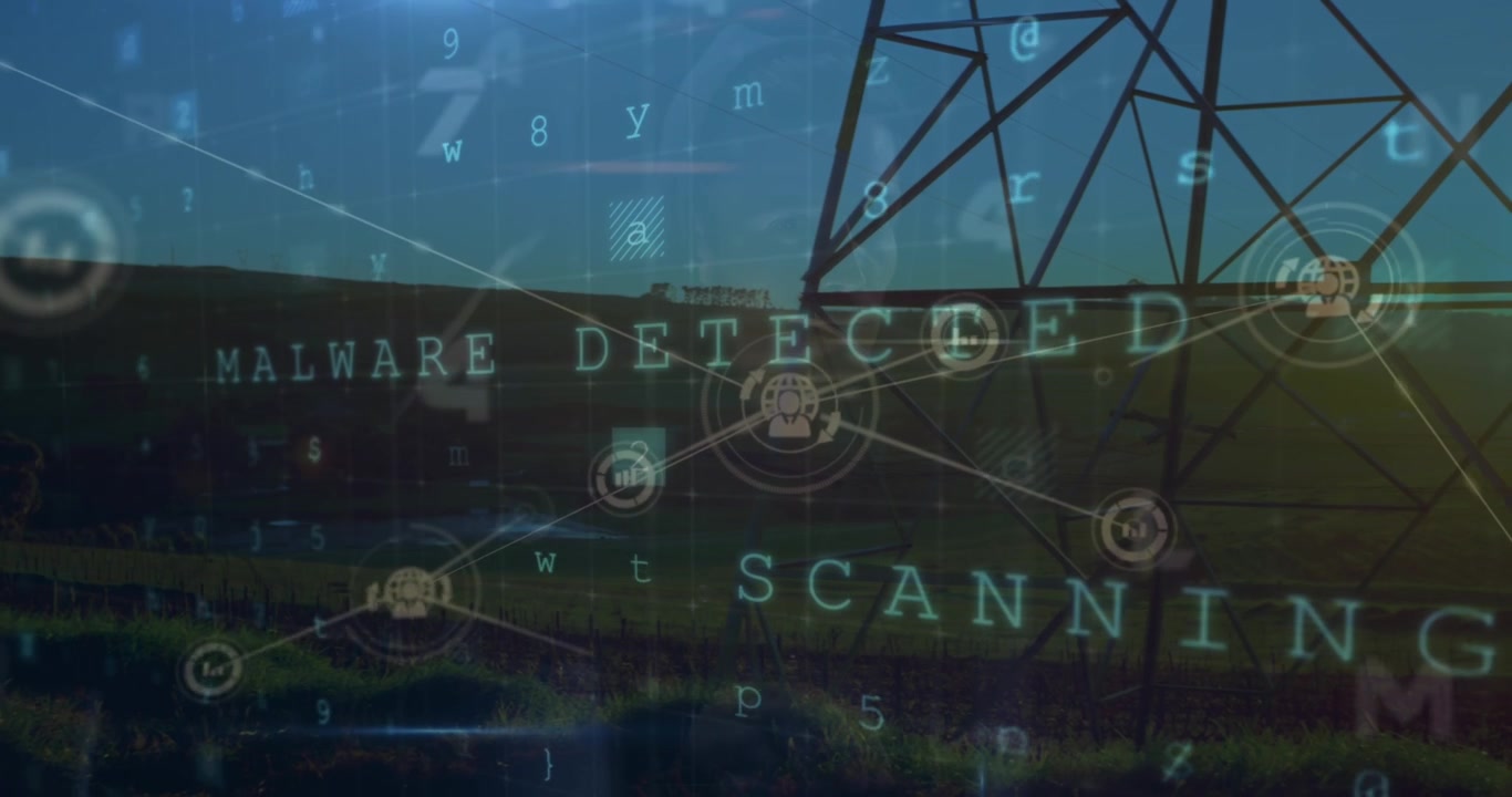 Animation of network of connections and scanning over electricity poles at sunset