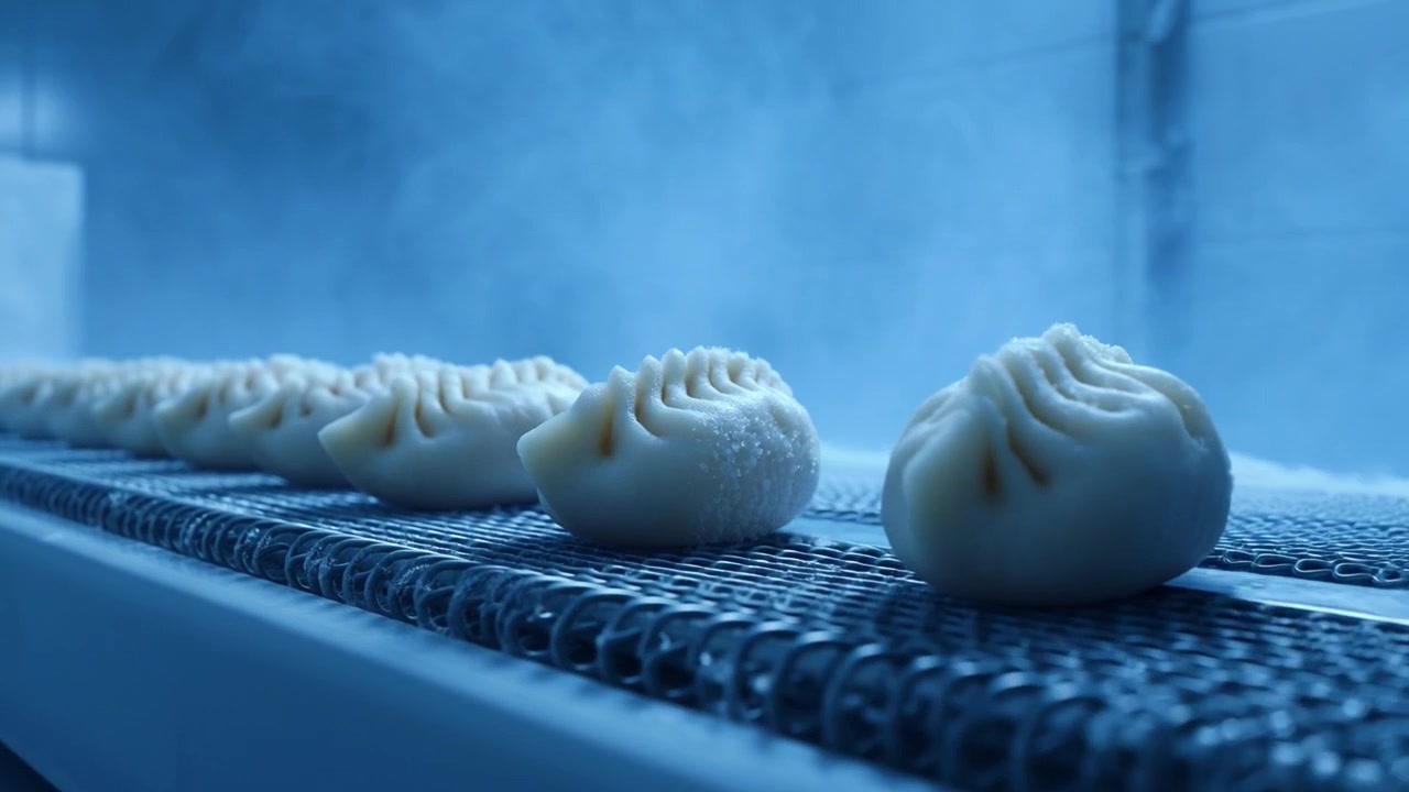 Frozen Dumplings Moving Along Industrial Conveyor Belt in Food Factory
