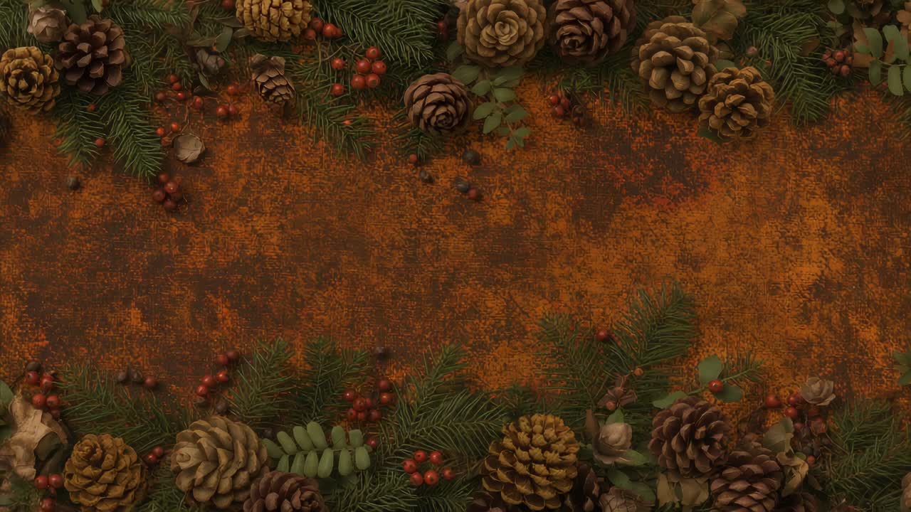Shifting camera revealing seasonal garland on rust tabletop, pinecones fir sprigs red berries