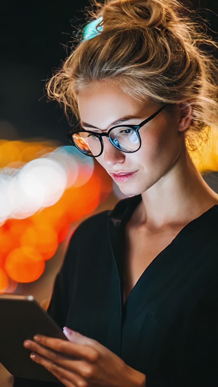 A Thoughtful Woman Engaged with Her Tablet in a Lively Urban Night Scene, Emphasizing Focus Amidst Colorful Lights and a Dynamic Atmosphere