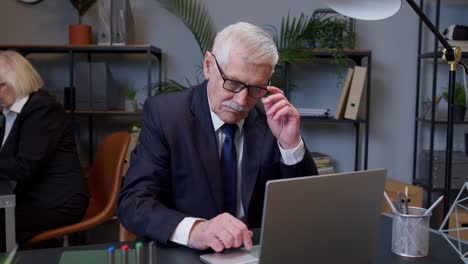 elderly man boss working in modern office room interior, senior freelancer developing new project