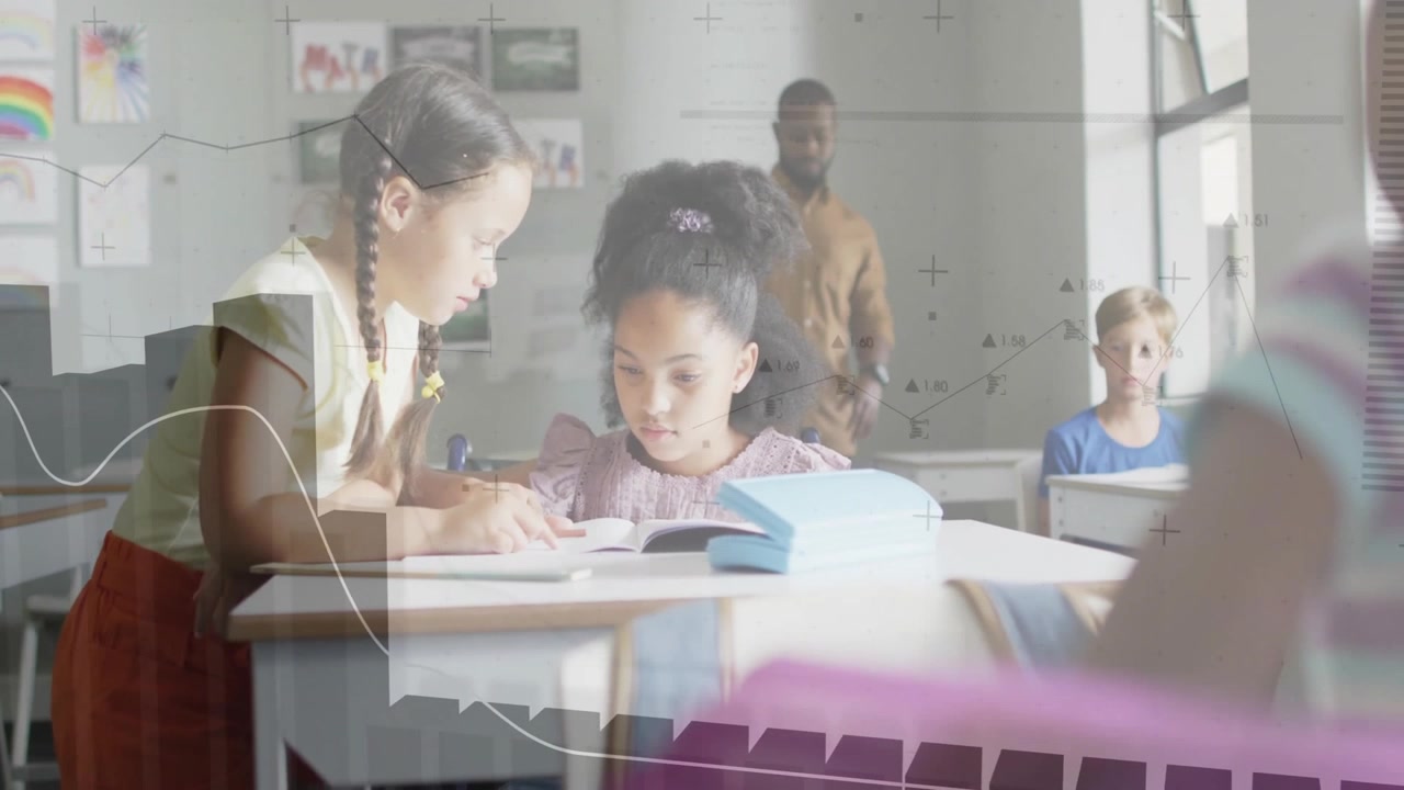 Girl pointing at workbook starting animated graph or chart overlays guiding classmate in learning