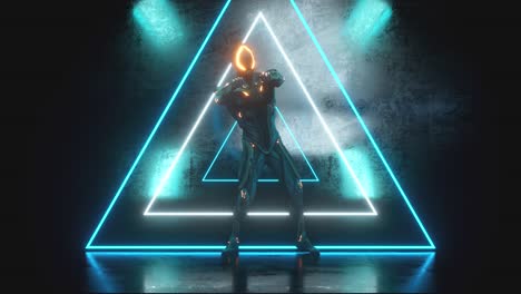 robot alienígena bailando en un fondo metálico con luces de neón brillantes. el concepto de alegría y victoria. bucle sin costuras 3d render