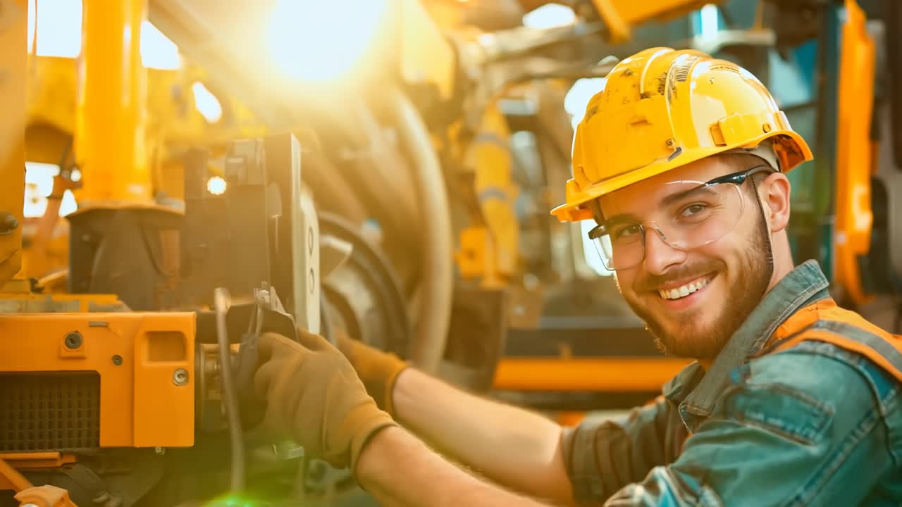 Un uomo che indossa un casco e occhiali di sicurezza che lavora su una macchina