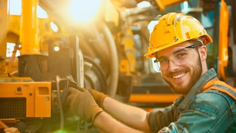 a man wearing a hard hat and safety glasses working on a machine