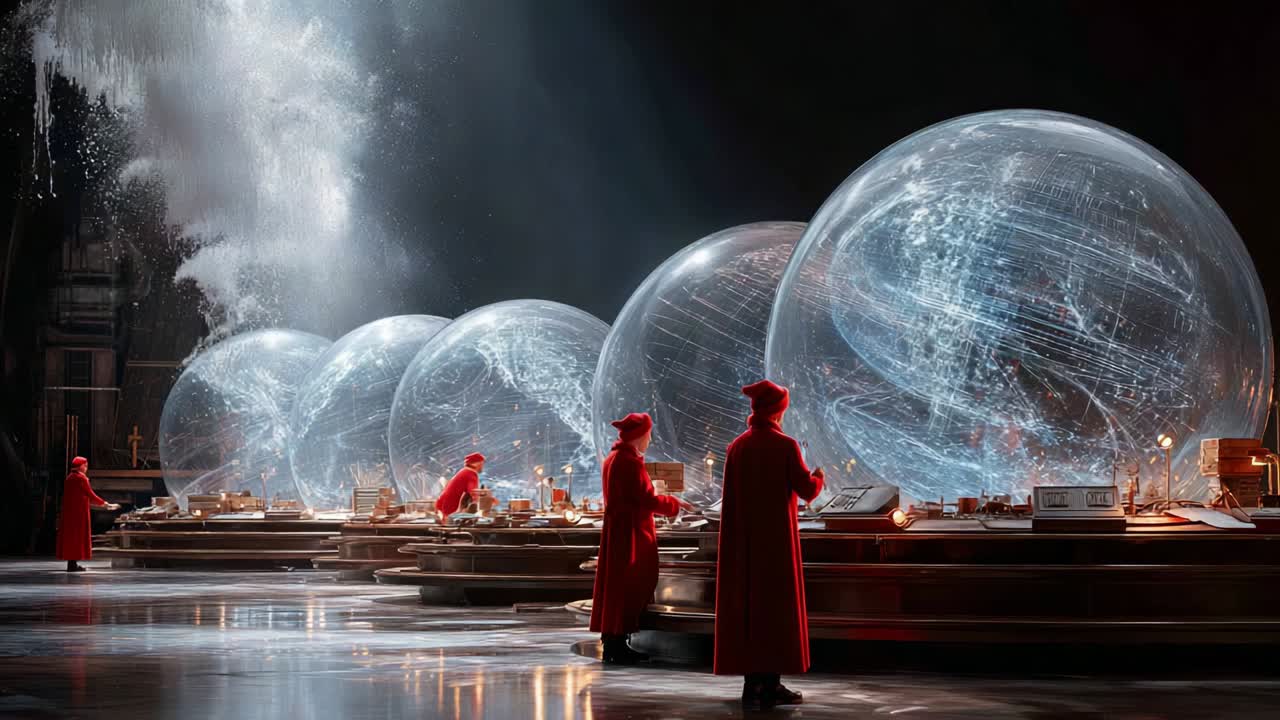 A captivating visual display showcases a series of mesmerizing transparent globes, each revealing intricate celestial maps, while figures in vibrant red attire engage with the enchanting setup, immersed in the wonders of the universe