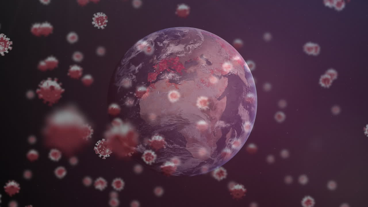 Animazione digitale di molteplici cellule COVID-19 fluttuanti su mappamondo rotante su sfondo blu.
