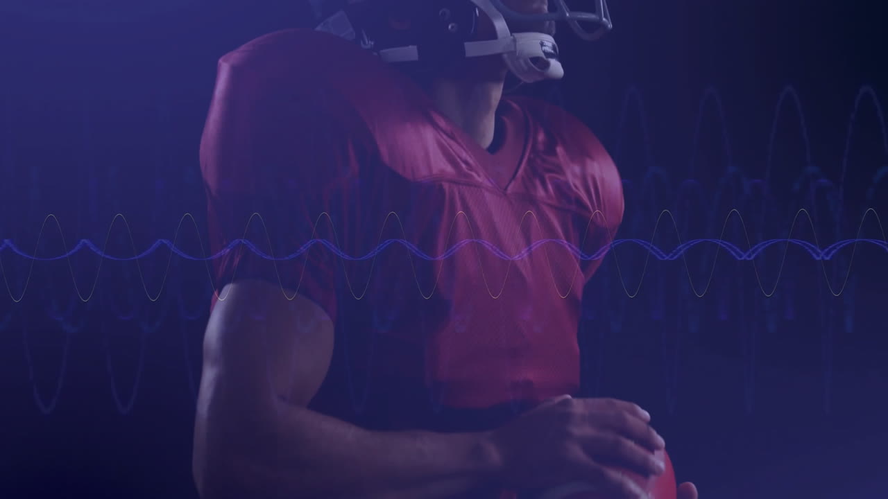 American football player in red jersey holding ball with sound wave animation