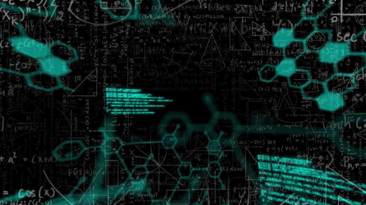 animación del procesamiento de datos científicos sobre ecuaciones matemáticas sobre un fondo negro