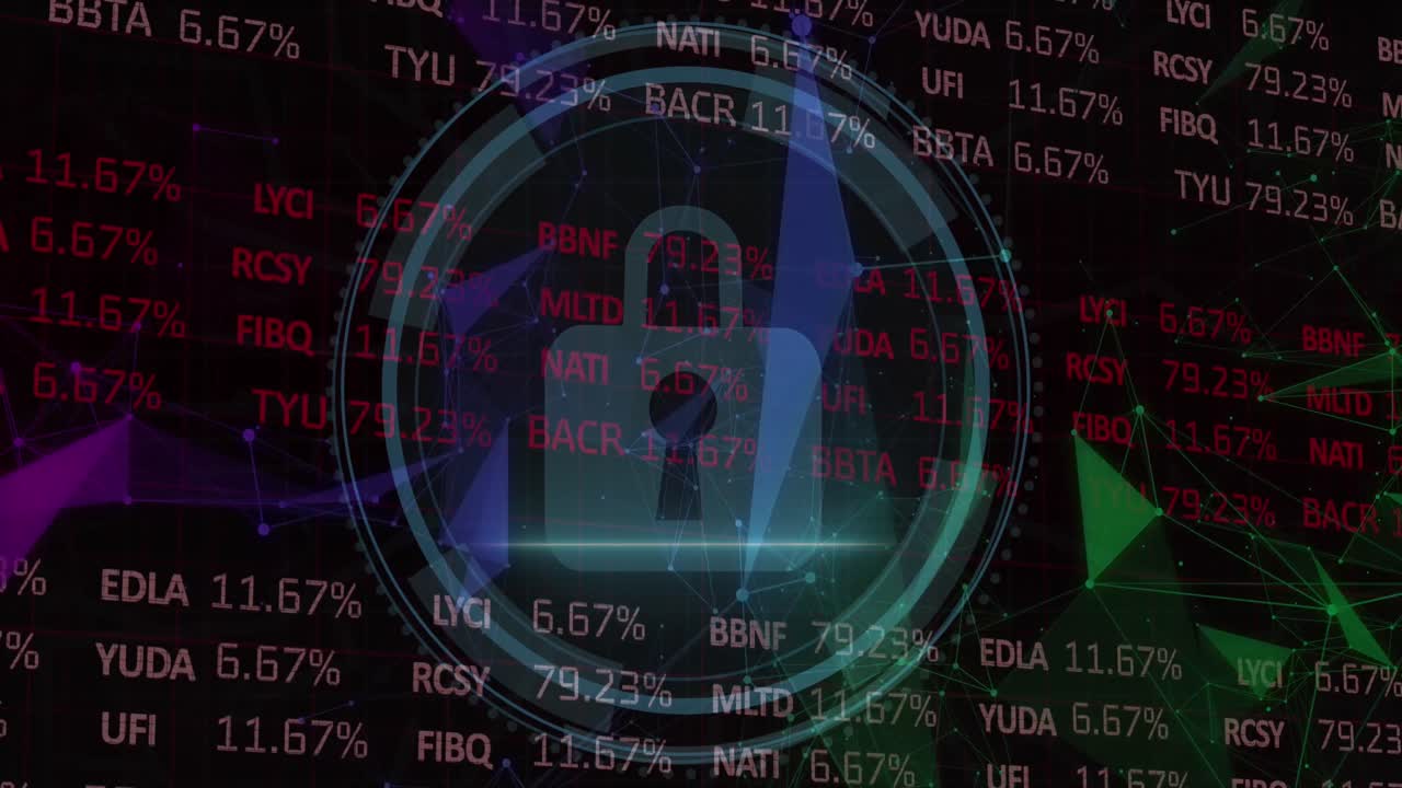 animación de iconos con conexiones y procesamiento de datos en fondo negro.