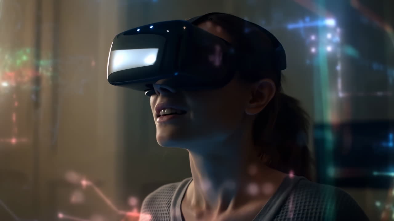 Asian Woman Wearing Vr Headset With Neon Overlays, Holographic Interfaces And Floating Data, Hands Reaching