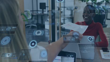 animation of round scanners over caucasian woman passing a document to african american woman