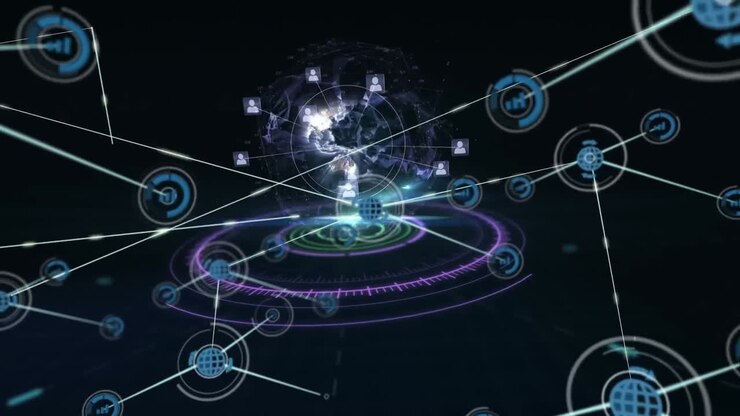 Animation of network of connections over scope scanning and globe on black background
