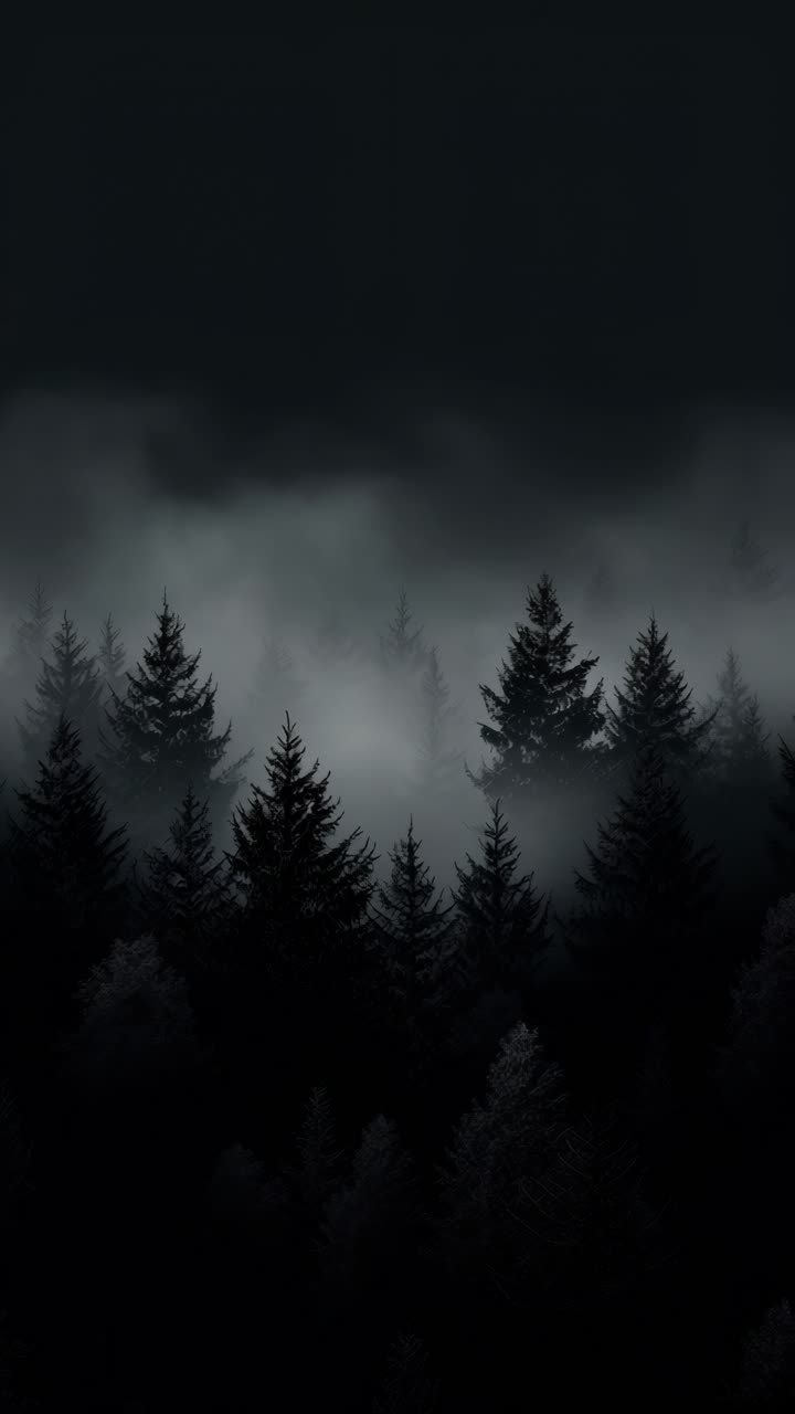 Aerial view of a misty forest at night, capturing a mysterious and eerie atmosphere