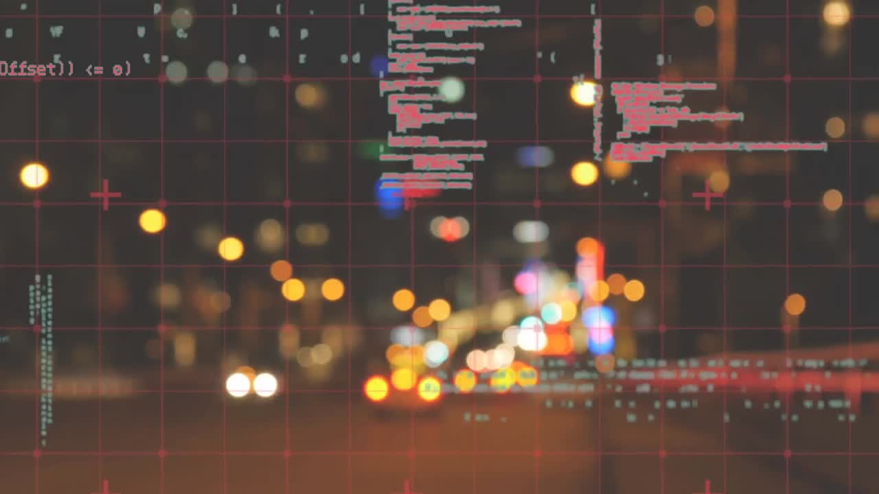 Animation of science data processing over cityscape background