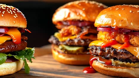 a couple of hamburgers sitting on top of a wooden cutting board