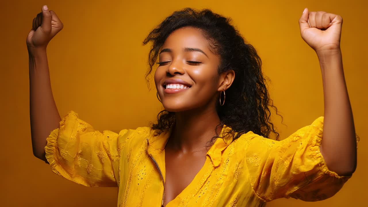 A joyful expression of happiness and triumph radiates from a young woman as she raises her arms in celebration against a warm yellow backdrop, symbolizing empowerment and self-confidence