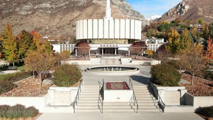 The Beautiful Provo Temple for the Church of Jesus Christ of Latter-Day Saints - Aerial Approach