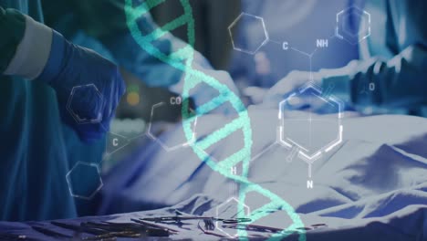 Animation-of-dna-strand-and-medical-data-over-hands-of-surgeons-during-operation