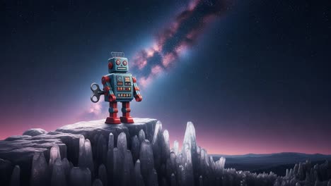 a vintage wind-up robot stands on a rocky outcrop, gazing at the cosmos, as it generates a stunning wave of colorful light, showcasing a magical connection to the universe.