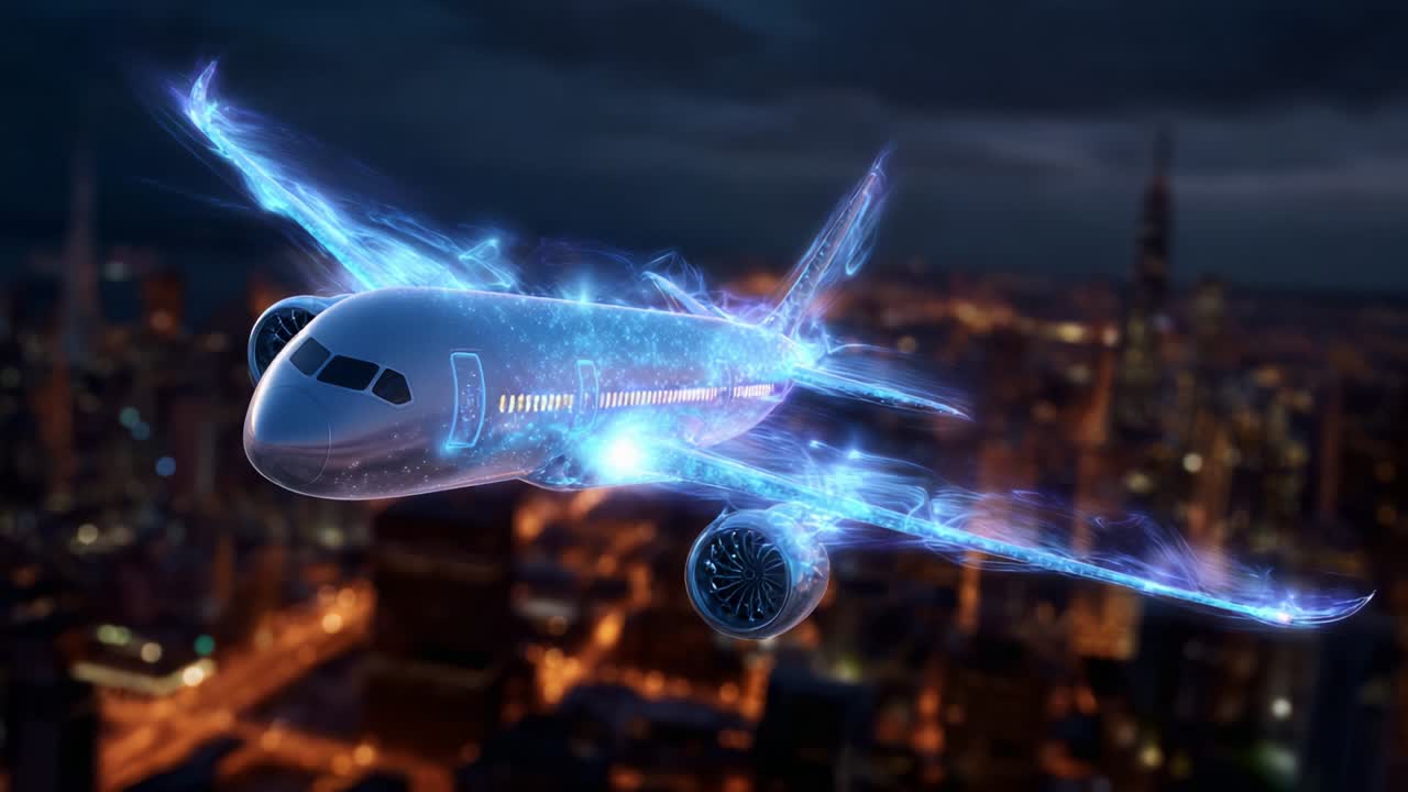 A Stunning Visual of a Futuristic Airplane Flying Through a Night Cityscape, Emitting A Glowing Energy Field Surrounded by Sparkling Lights, Capturing the Essence of Modern Aviation and Technology