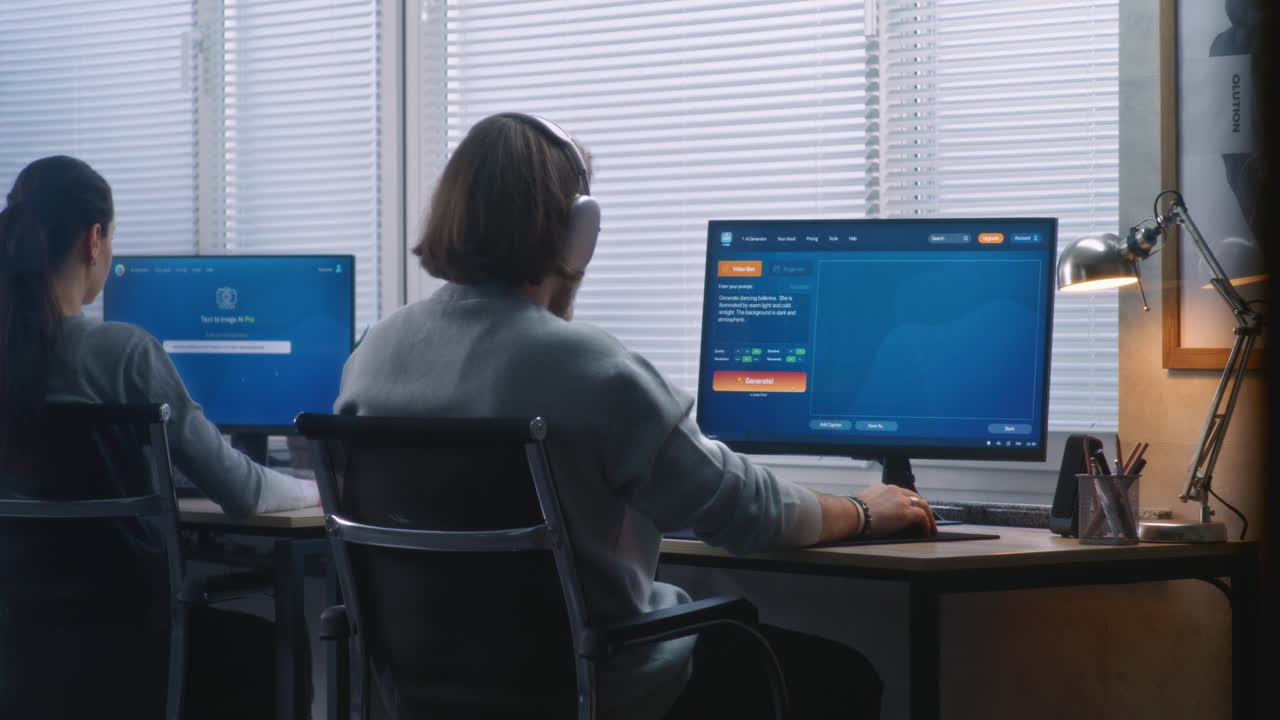 Two people working on computers in an office setting