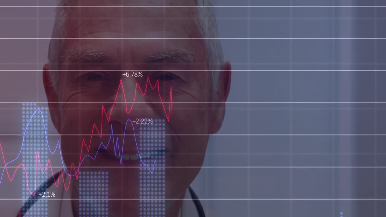 Animazione di grafici finanziari su un felice medico maschio caucasico anziano che guarda la telecamera.