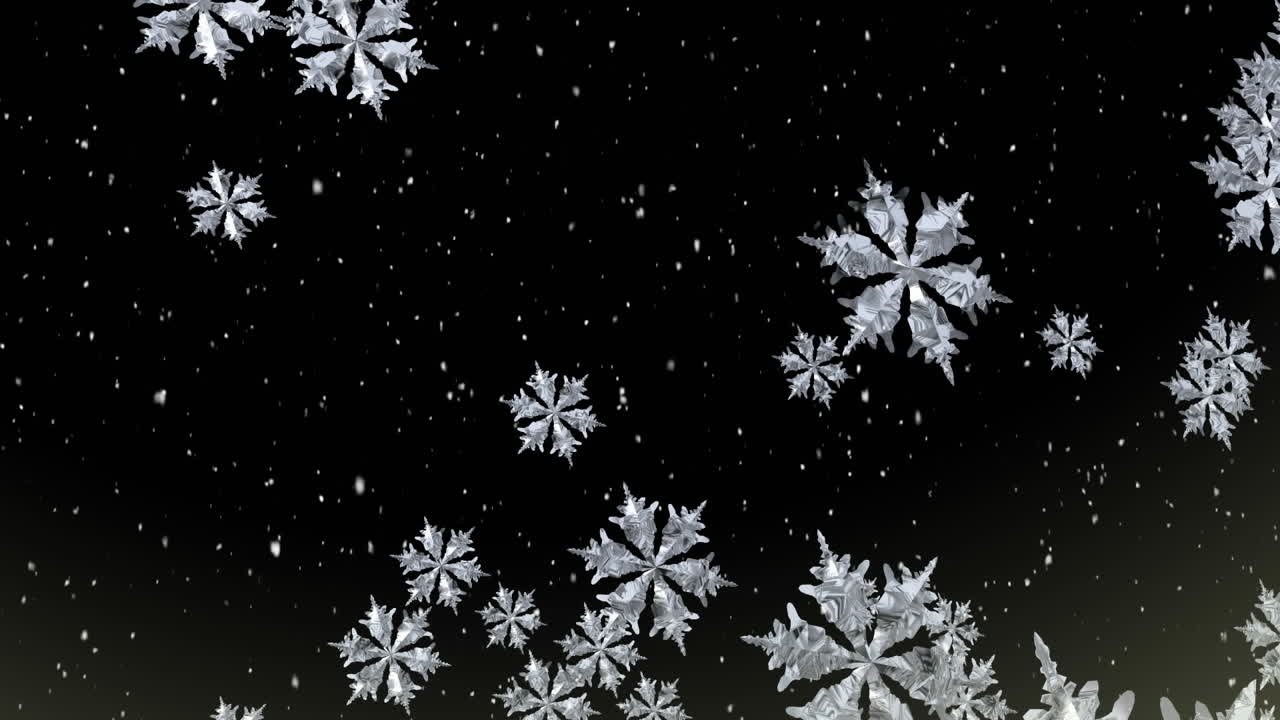 Digital animasjon av vindusramme mot fallende snøflak på svart bakgrunn