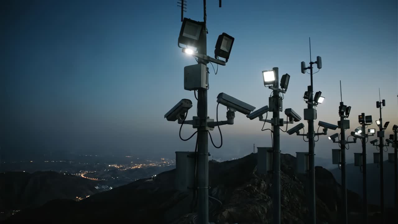 Molteplici telecamere di sicurezza e luci sulla montagna che domina la città di notte