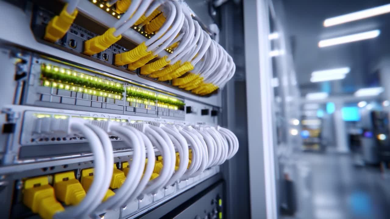 Detailed View of Network Rack with Yellow Ethernet Cables, Highlighting Connectivity and Data Transfer in a Modern Data Center Environment