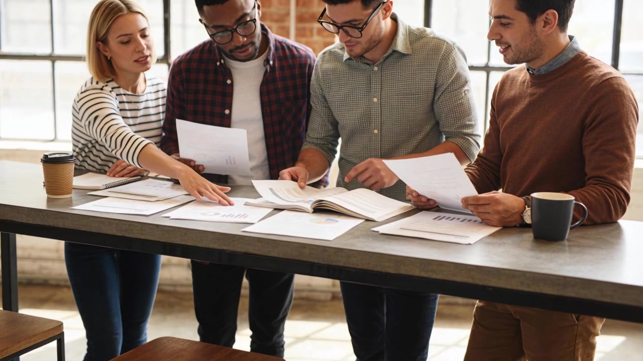 Pointing man at right leading group review, flipping book and rearranging pages at loft with mugs