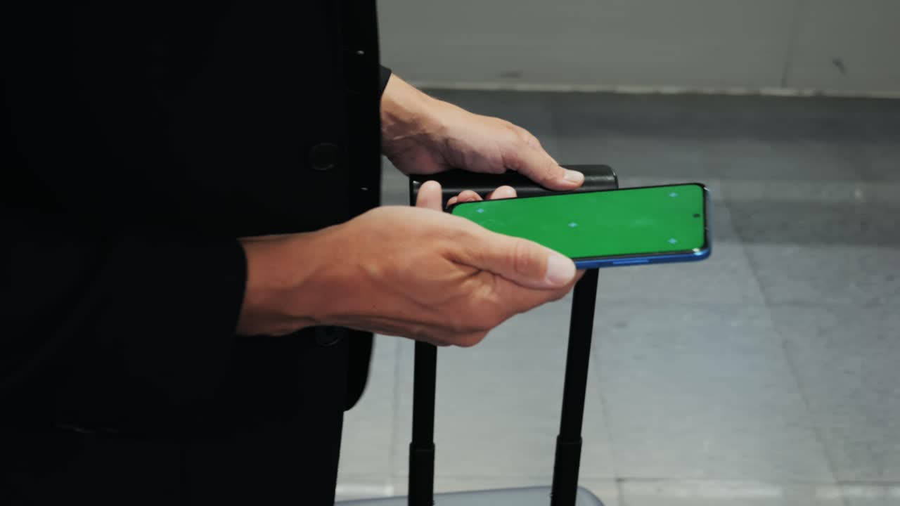 Uomo che tiene uno smartphone con schermo verde in aeroporto