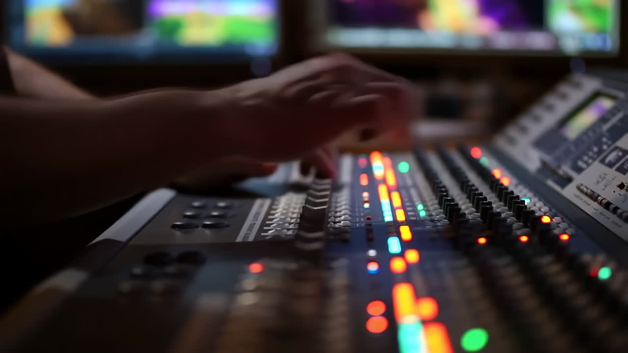 Hands Operating an Audio Mixing Console with Colorful Lights