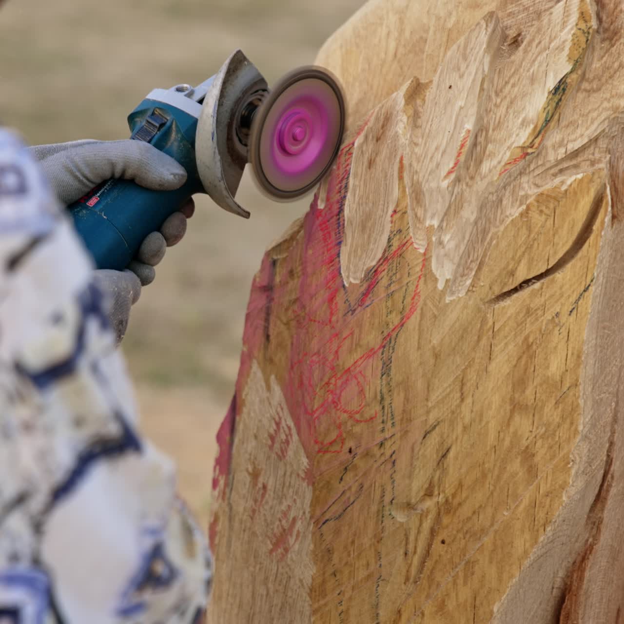 Wooden sculpture artist cutting. Woodwork handmade craft