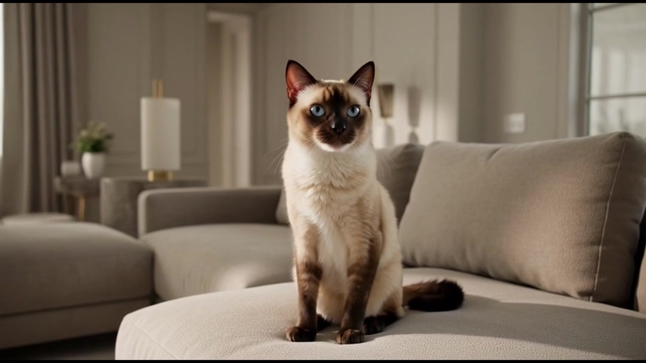 Gatto siamese seduto su un divano in un soggiorno moderno