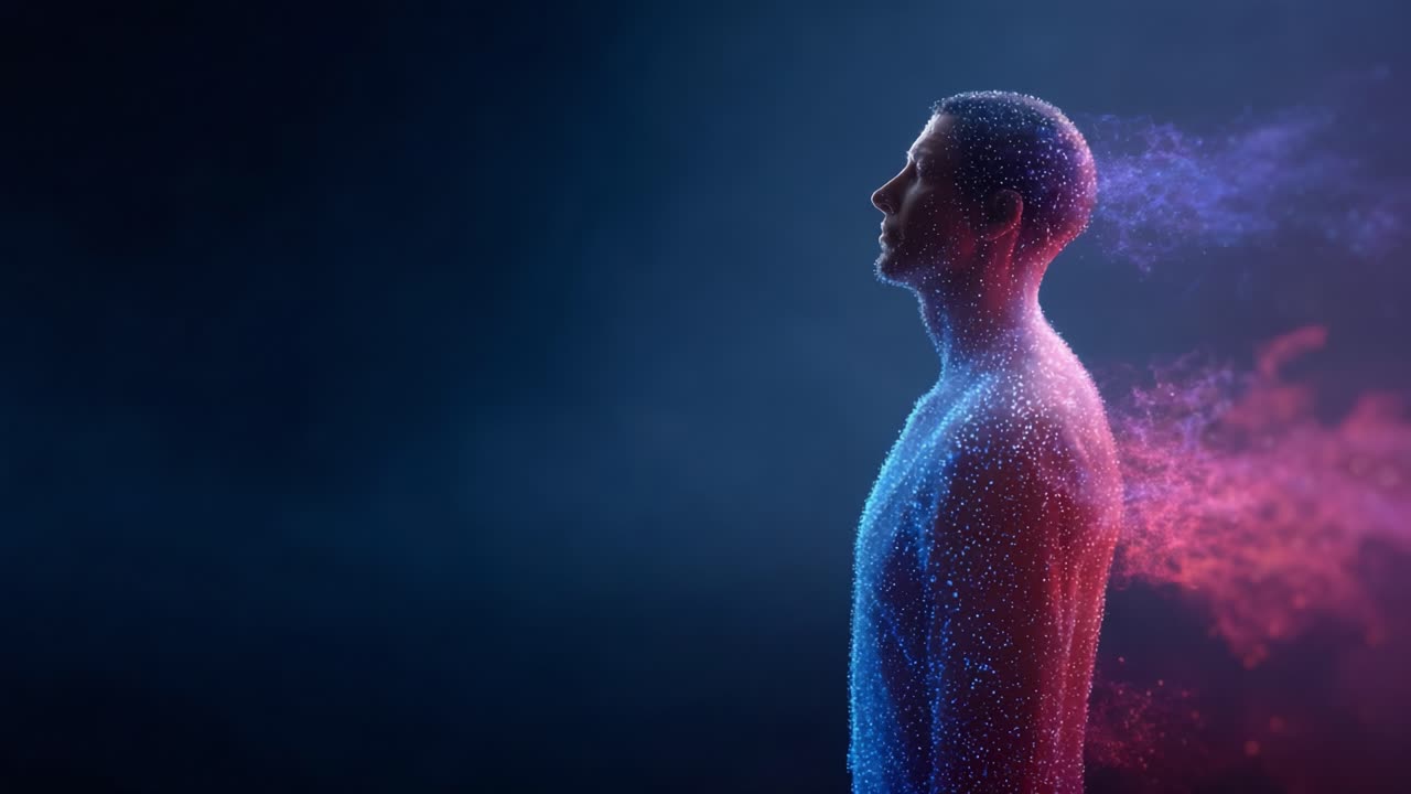 A stunning visual representation of human form transcending into a cloud of colorful particles, illustrating the concepts of existence and transformation through vibrant energy