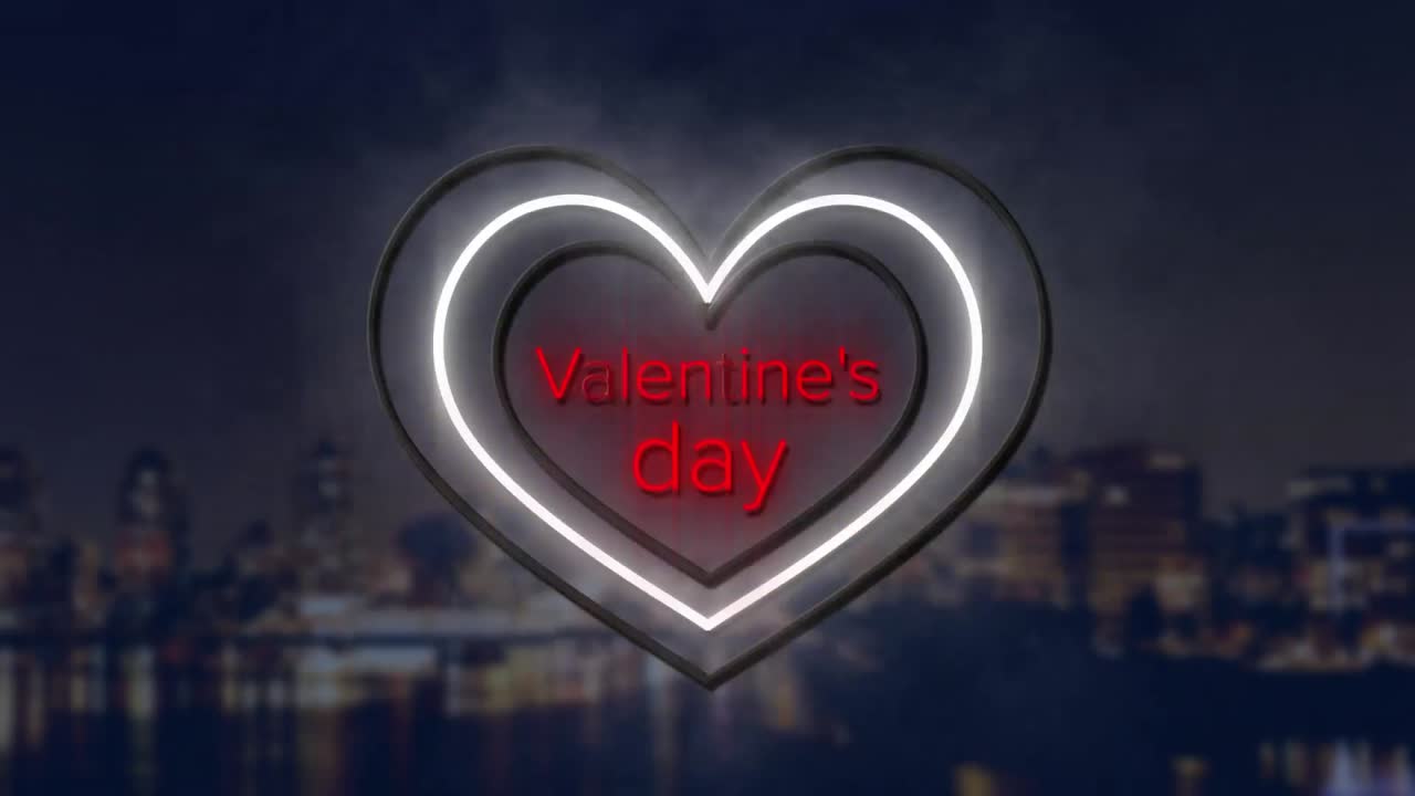 Animazione di San Valentino in rosso con cuori al neon gialli e bianchi lampeggianti su un paesaggio urbano sfocato