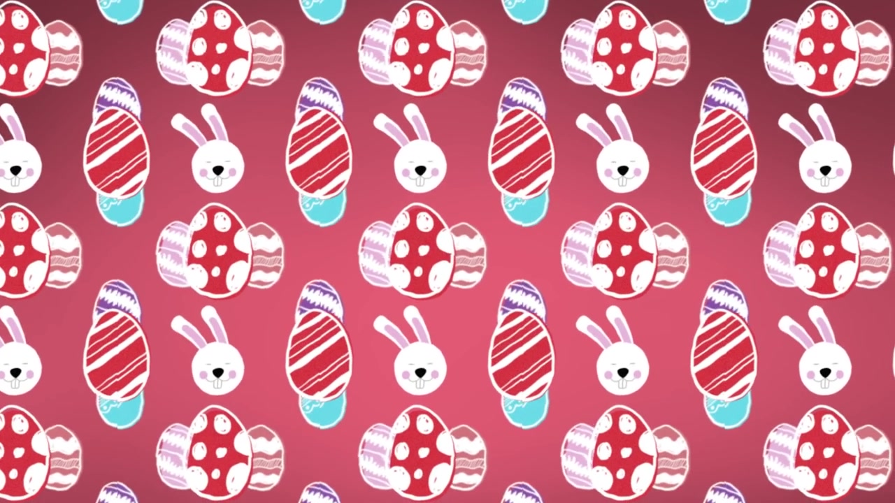 Animation of falling white bunnies and eggs over pink background