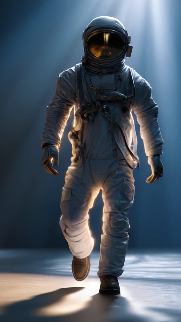 A lone astronaut strides confidently through a beam of light, embodying exploration and adventure in the vastness of space, showcasing courage and wonder