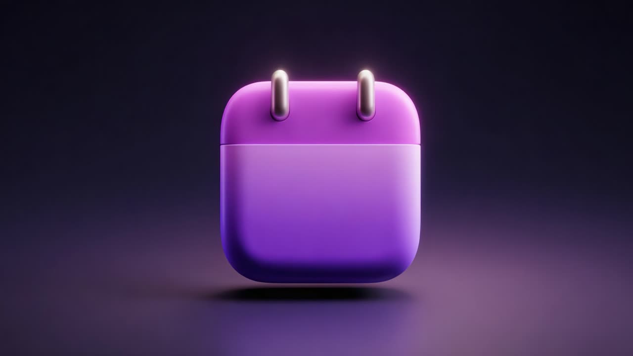 Icona calendario elegante e moderna con gradiente viola vivido ed effetti lucidi, simbolo perfetto per app di gestione del tempo e organizzazione che rappresentano produttività e pianificazione