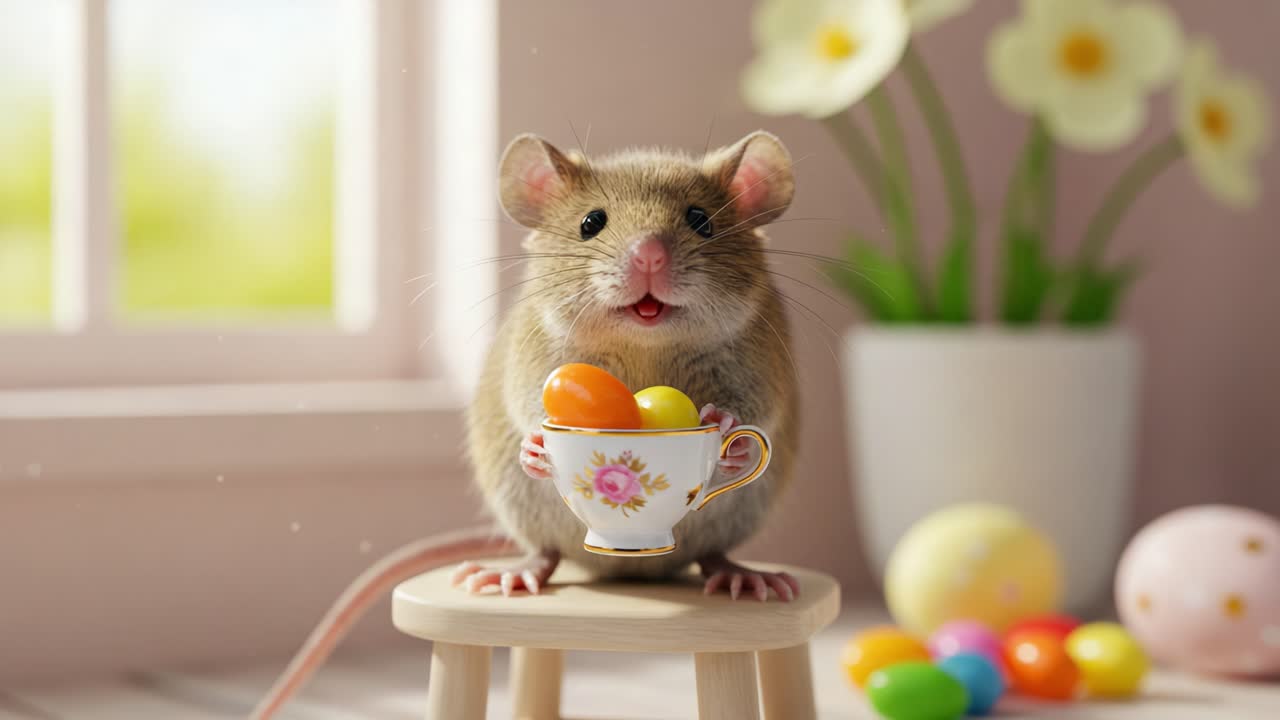 A Charming Little Mouse Holding a Colorful Cup of Easter Eggs on a Wooden Stool, Surrounded by Delicate Flowers and Festive Decorations in a Cozy Setting