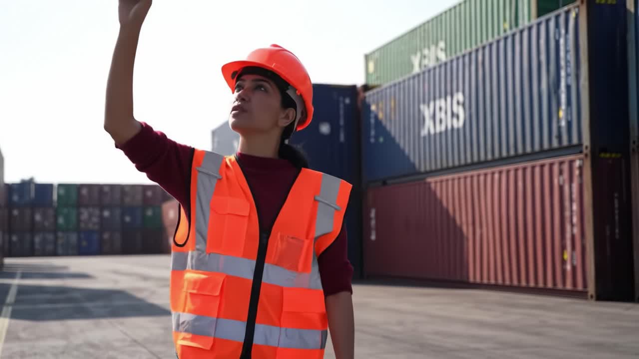 A warehouse worker assesses the area in an industrial yard, surrounded by shipping containers, demonstrating strong safety protocols with a bright vest and helmet while engaged in her duties.