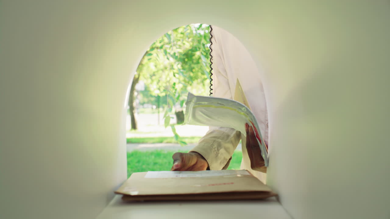 Close Up of Woman Collecting Envelopes from inside Mailbox in Park