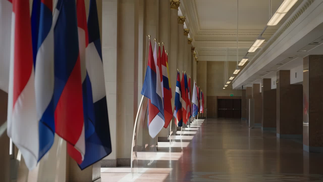 International Flags Line a Formal Hallway