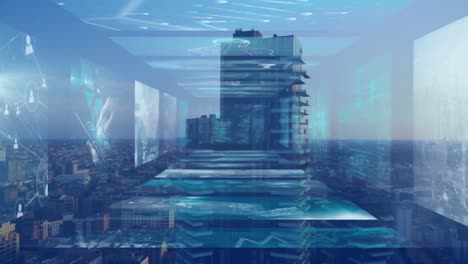 animación del procesamiento de datos estadísticos y financieros sobre el paisaje urbano en pantallas de fondo