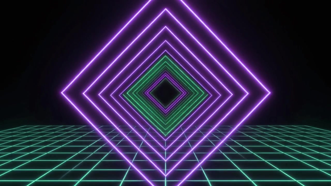 Animazione di un tunnel quadrato al neon in stile Synthwave retrò