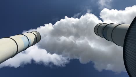 smoking chimneys with white smoke seen from below against a blue sky