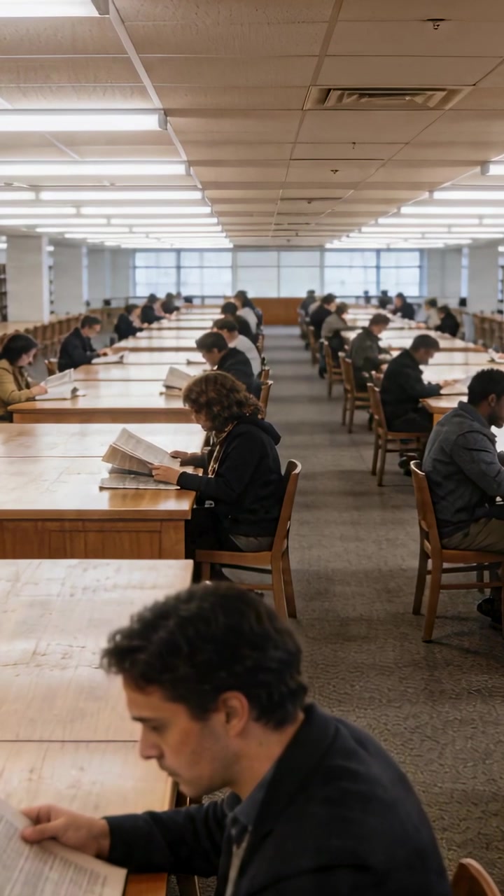 Vertical video: Reading man in jacket turning newspaper pages at library table, with books