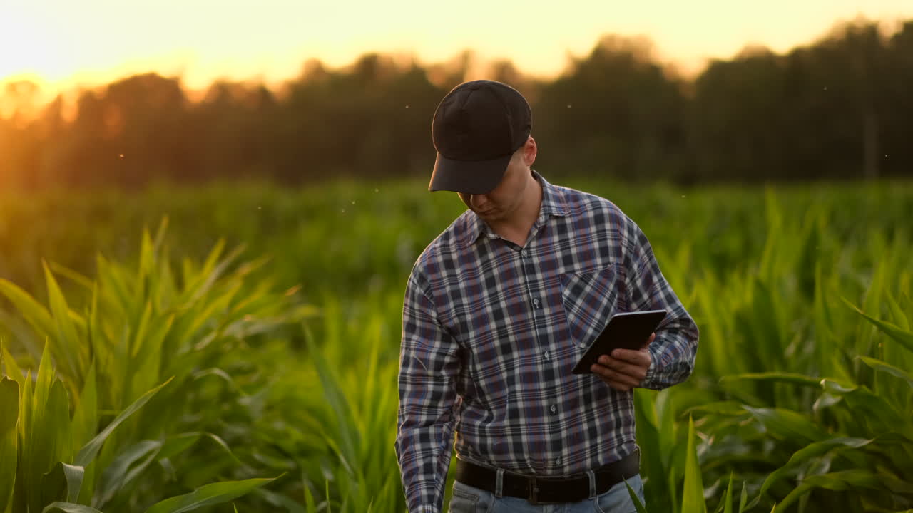 lens flare: agricultor que utiliza una tableta digital en el campo de cultivos de soja aplicación de la tecnología moderna en la actividad de cultivo agrícola